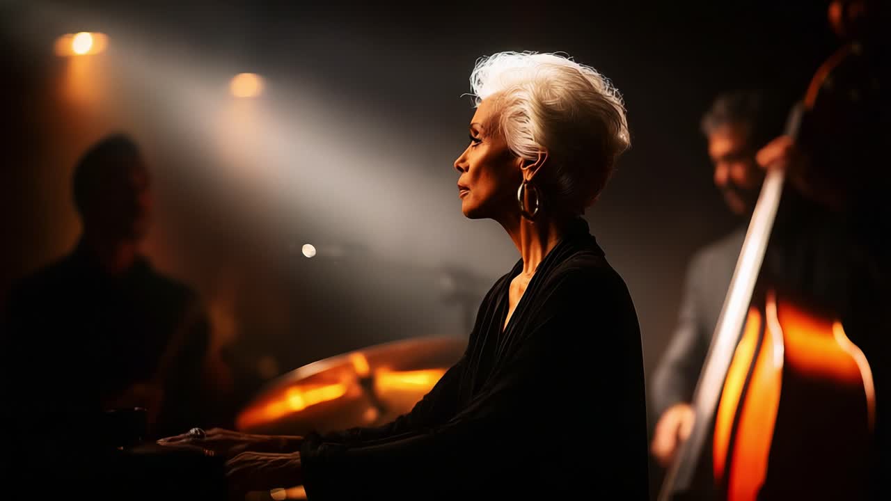 A Captivating Performance: Enigmatic Pianist Enveloped in Spotlight Captures the Essence of Live Music with Emotion and Elegance, Supported by Talented Ensemble in Dramatic Atmosphere