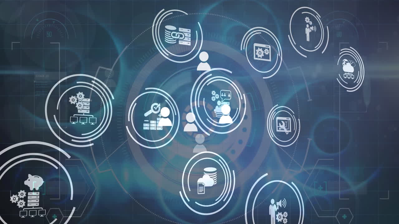 animación de múltiples iconos sobre el brillo de la lente y círculos contra un fondo abstracto