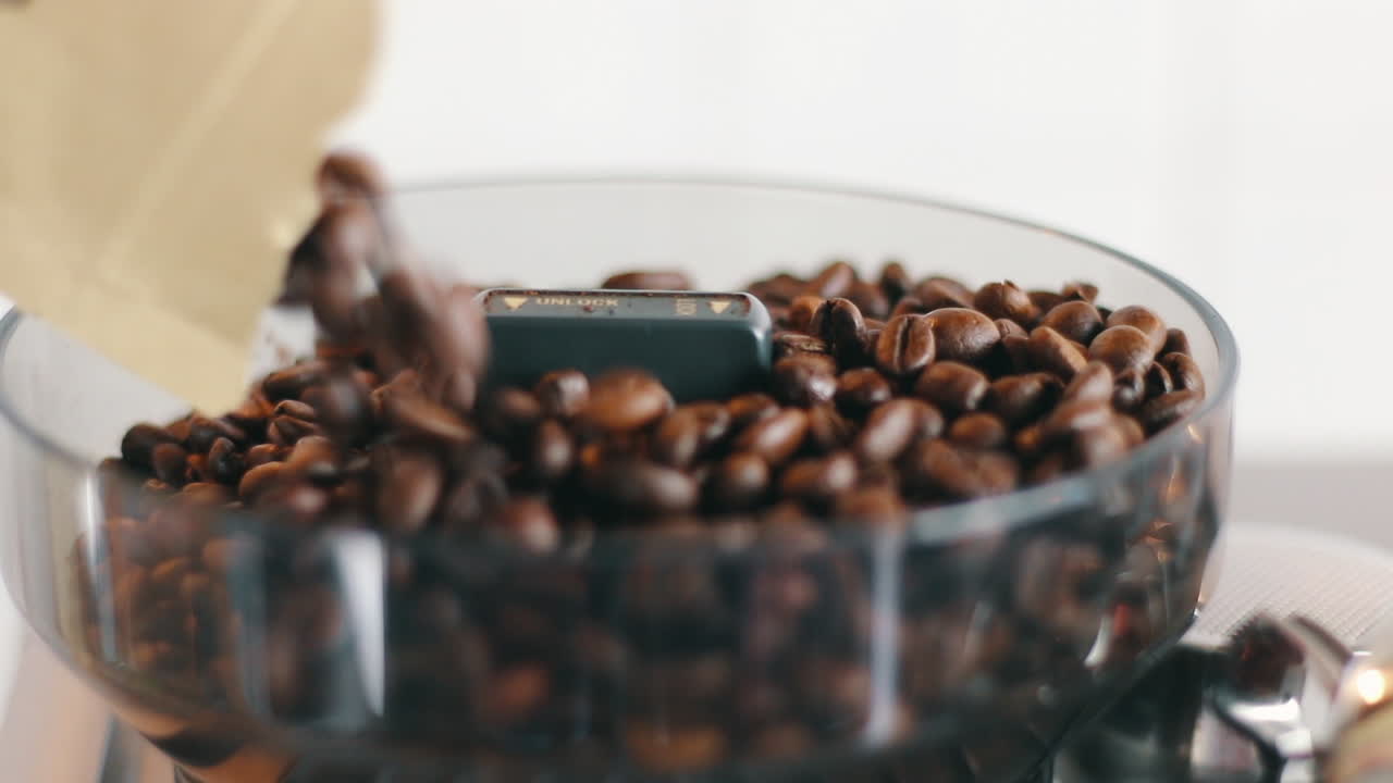 커피 원두를 그라인더에 부드럽게 고르게 붓습니다.