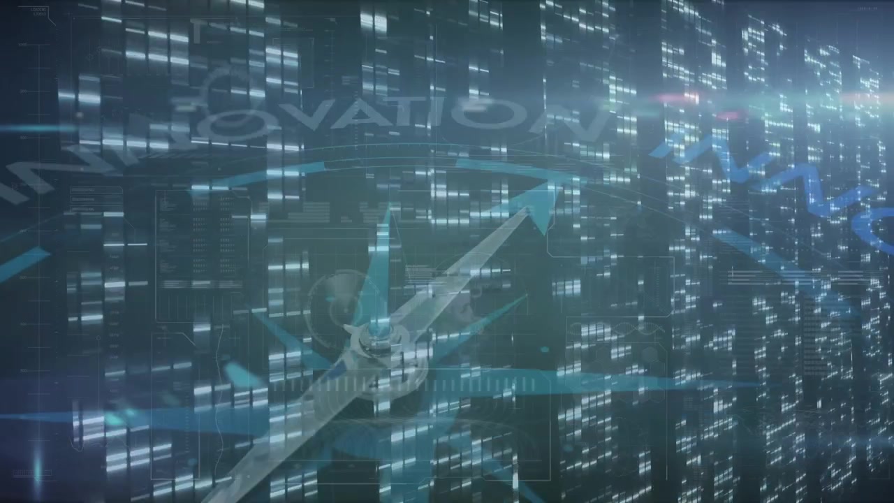 Animation of navy digital screen with diverse data processing, lights and compass