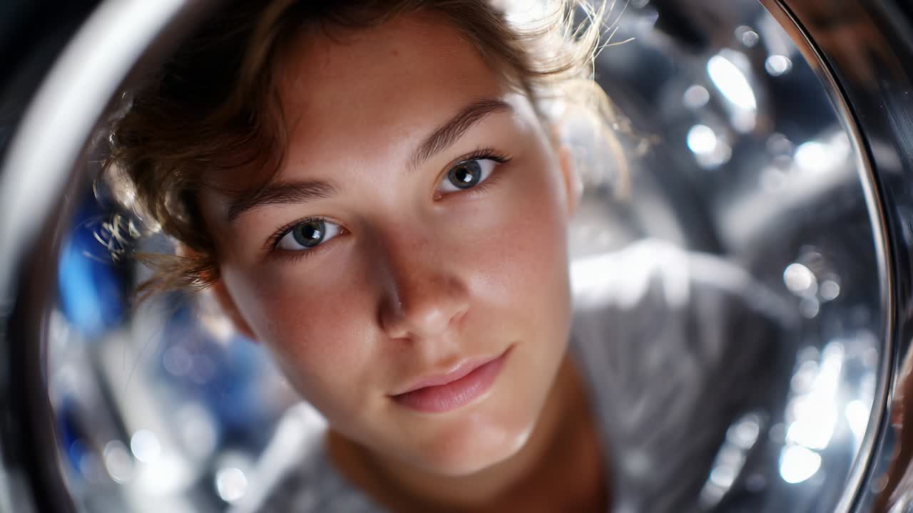 Close-Up Portrait of a Young Woman Looking Through a Reflective Surface, Capturing Emotions with a Bright Smile and Engaging Eyes That Draw the Viewer In with Intrigue and Expression