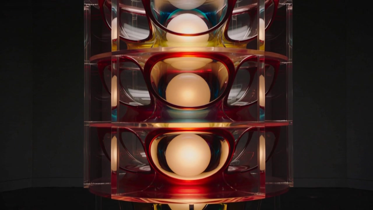 Pulling camera up, revealing stacked acrylic light sculpture in dim studio to show warm spheres