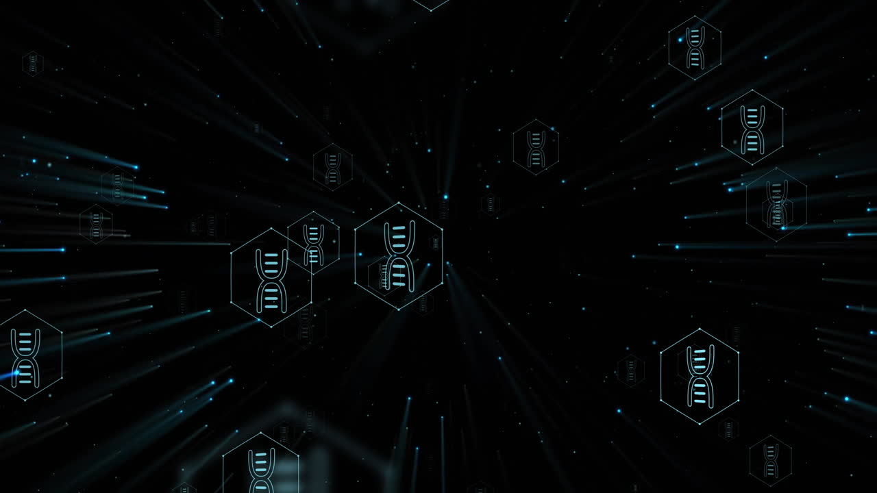 Animation of scientific data processing on dark background