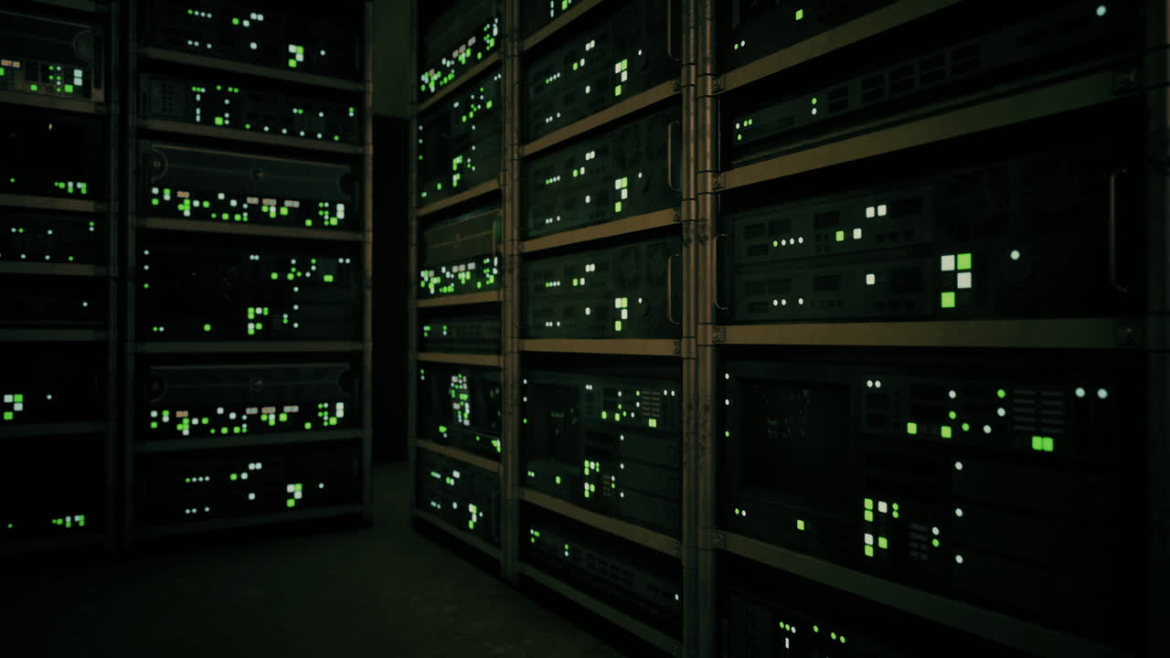 Illuminated server racks show a network in a dim data center
