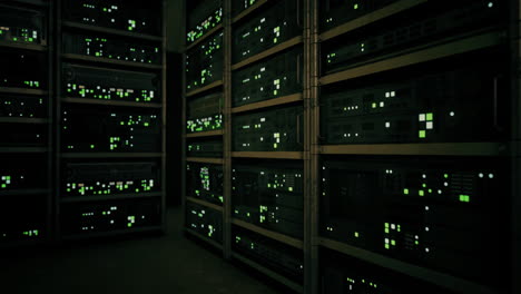 illuminated server racks show a network in a dim data center