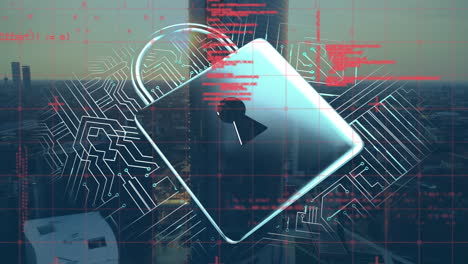 animation of data processing and padlock over cityscape