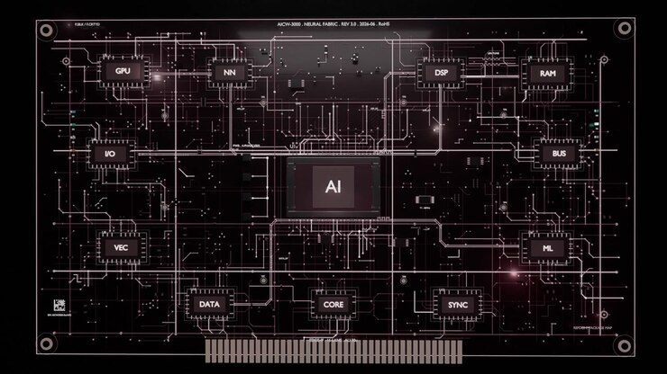 Brightening AI chip initiating schematic build on dark HUD, sending traces to GPU, connector pins