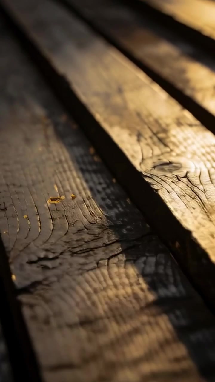 Vertikal video: Glidende kamera følger solen på et dæk over vejrbidte planker, der viser årer og knaster.