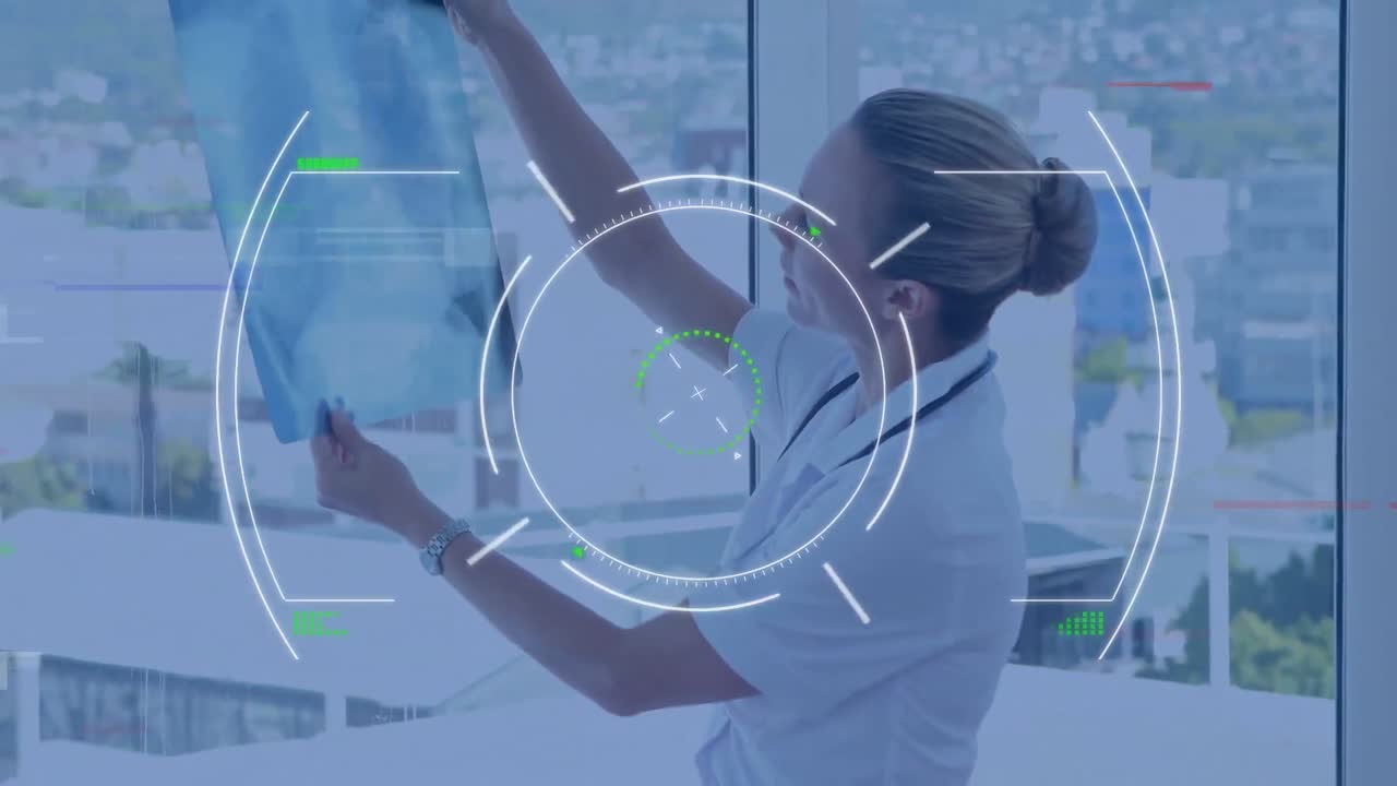 ⁇ 스레이를 들고 있는 백인 여성 의사 위의 스 ⁇  스캐닝 애니메이션