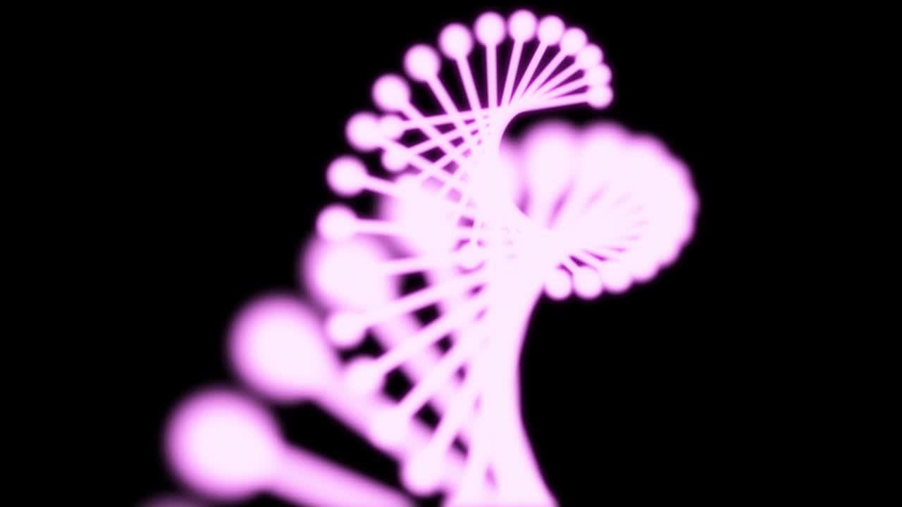2D animation of glowing DNA composed of particles on a black background. 60FPS. The object rotates in the center of the screen.