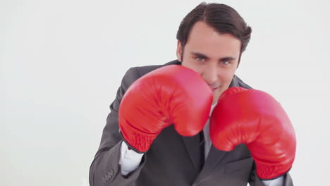 smiling executive boxing with red gloves