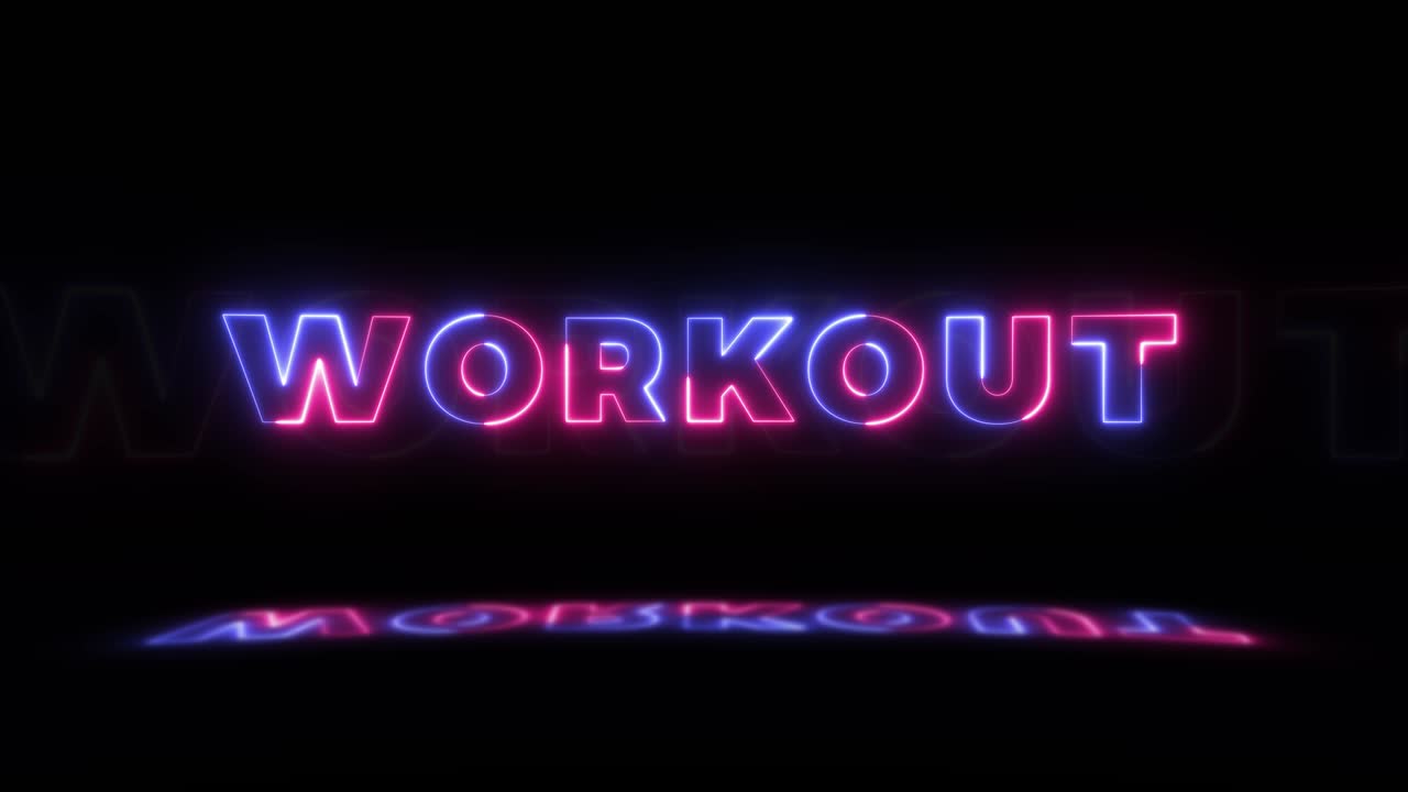 검은색 배경에 빛나는 네온 단어 '워크아웃'과 바닥에 반사되는 네온 빛나는 표지판