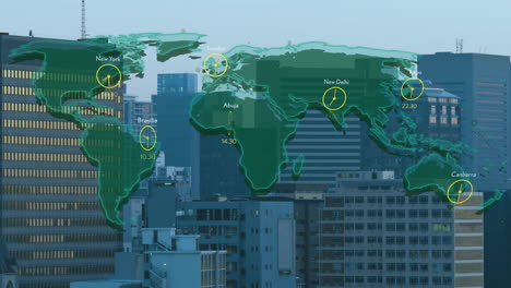 animación del mapa del mundo y procesamiento de datos digitales sobre el paisaje urbano.