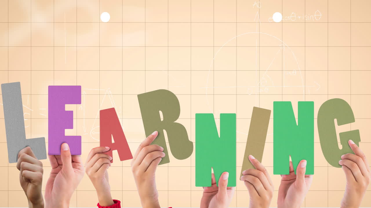 사각형 종이 위에 학습 텍스트를 들고 있는 다양한 사람들의 애니메이션