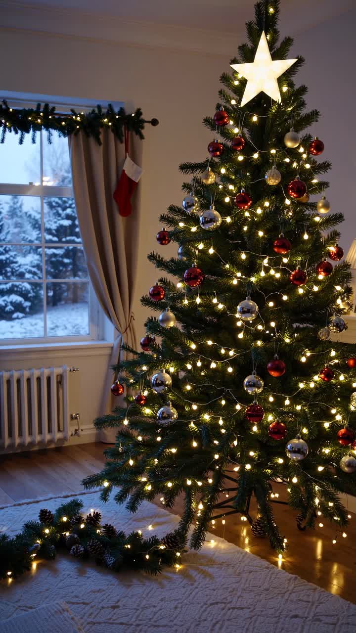 Festive Christmas tree adorned with lights and ornaments, captured from a low angle, creating a cozy