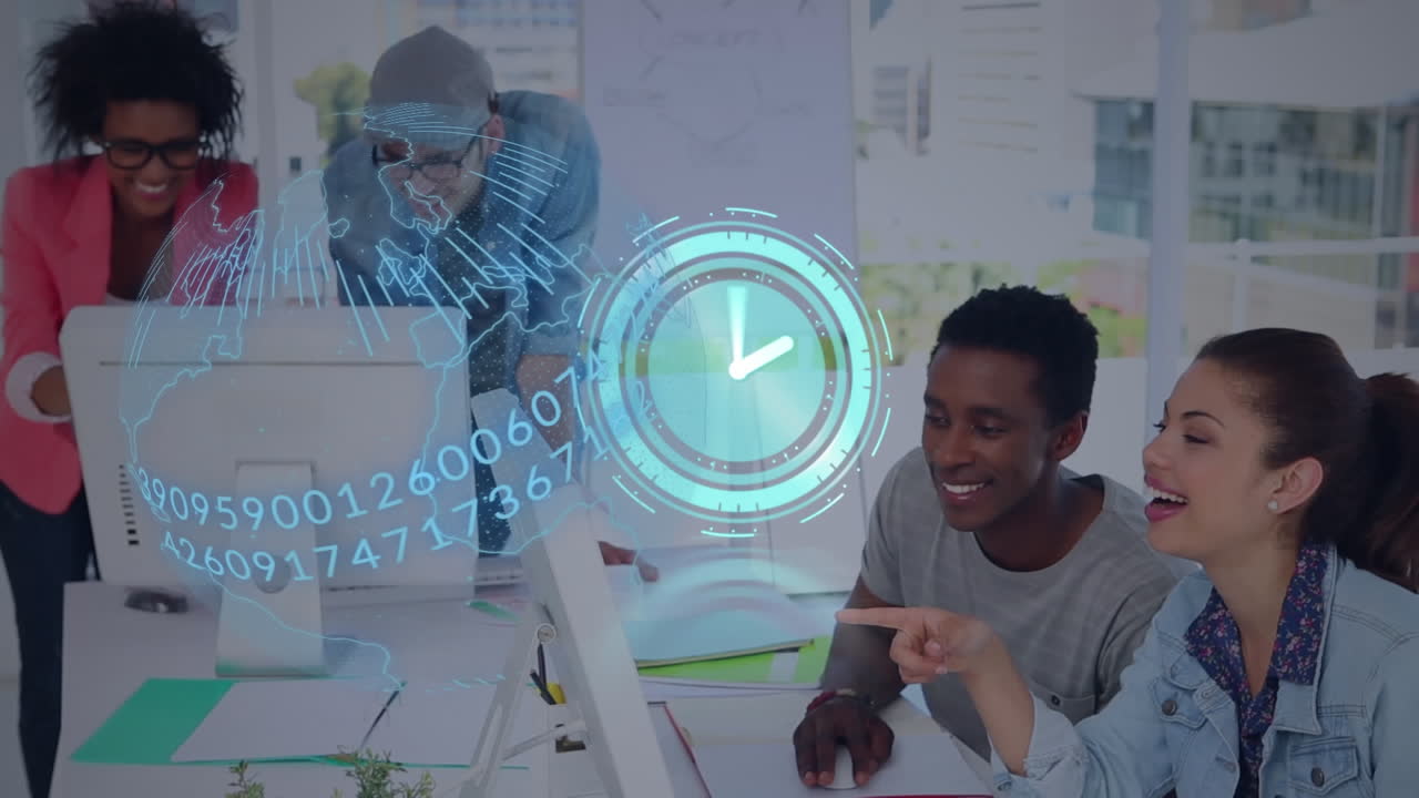 Animation of global network and clock on scanner processing data over diverse colleagues at work