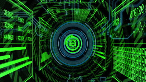 animation of interface with spinning round scanner and data processing against black background