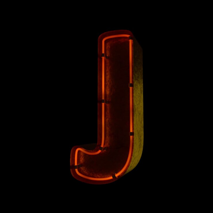 Lettera J metallica con luce neon arancione che si accende