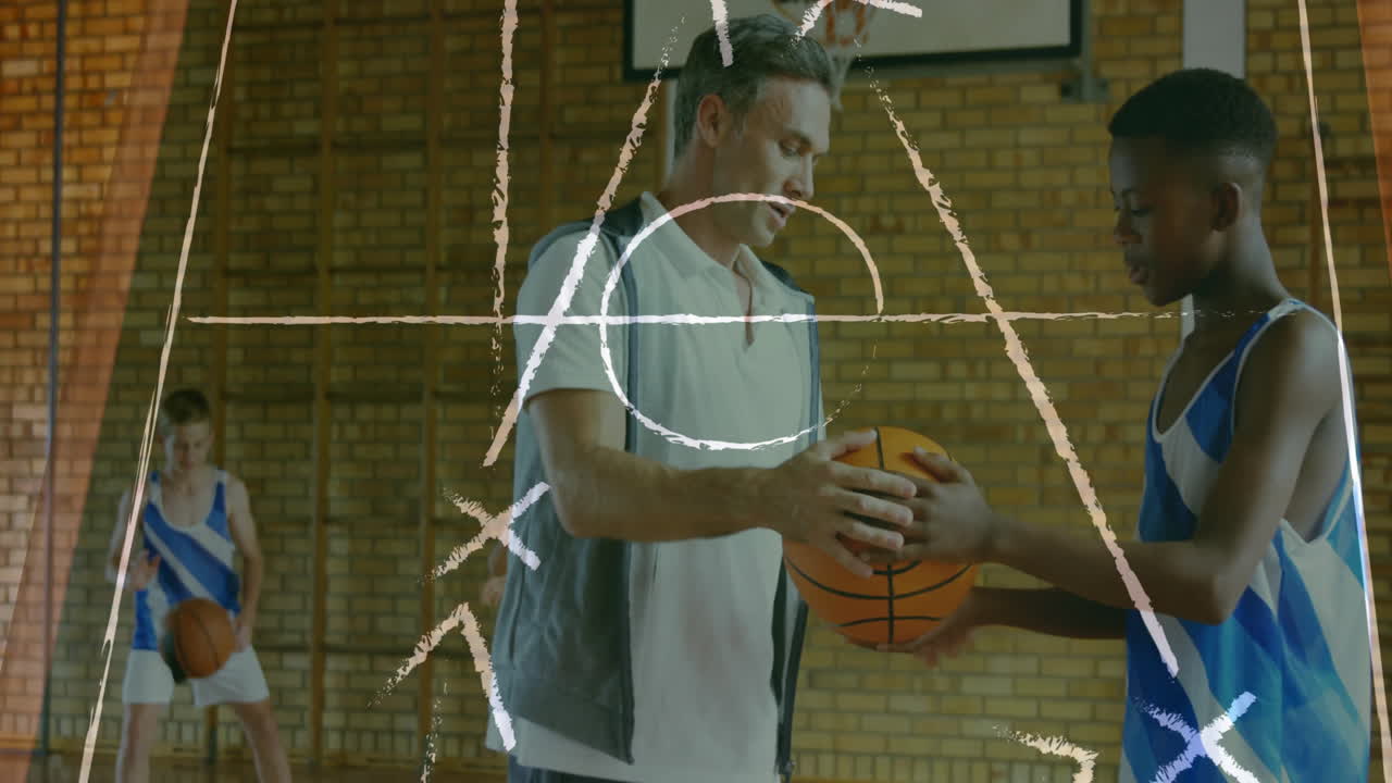 entrenador de baloncesto entrenando a jóvenes jugadores, diagrama de estrategia animación sobre la escena