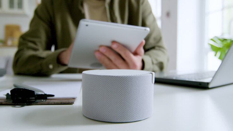 Close up view of smart speaker on a desk
