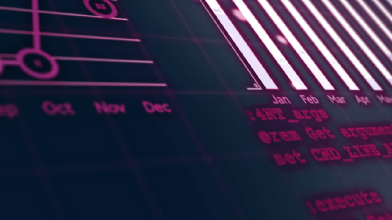 animación de la pantalla de la interfaz con gráficos rosados y rojos de procesamiento de datos en fondo negro