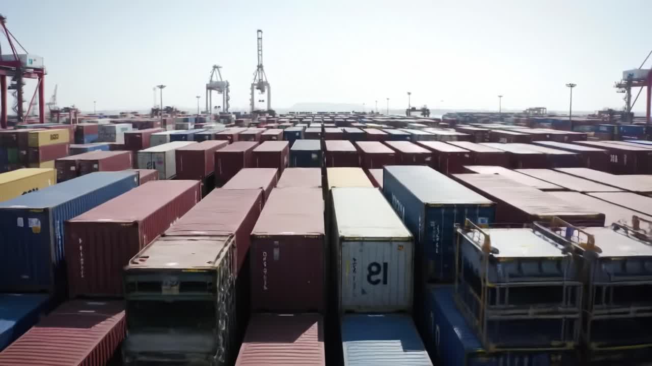 Aerial View of Shipping Containers Stacked in a Port, Highlighting the Complexity of Global Trade and Logistics Operations