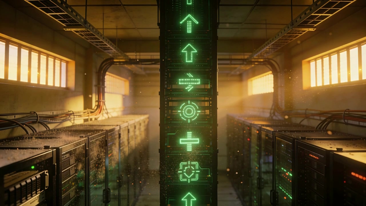 Animating central column reacting to server rack activity in data center, pulsing green glyphs