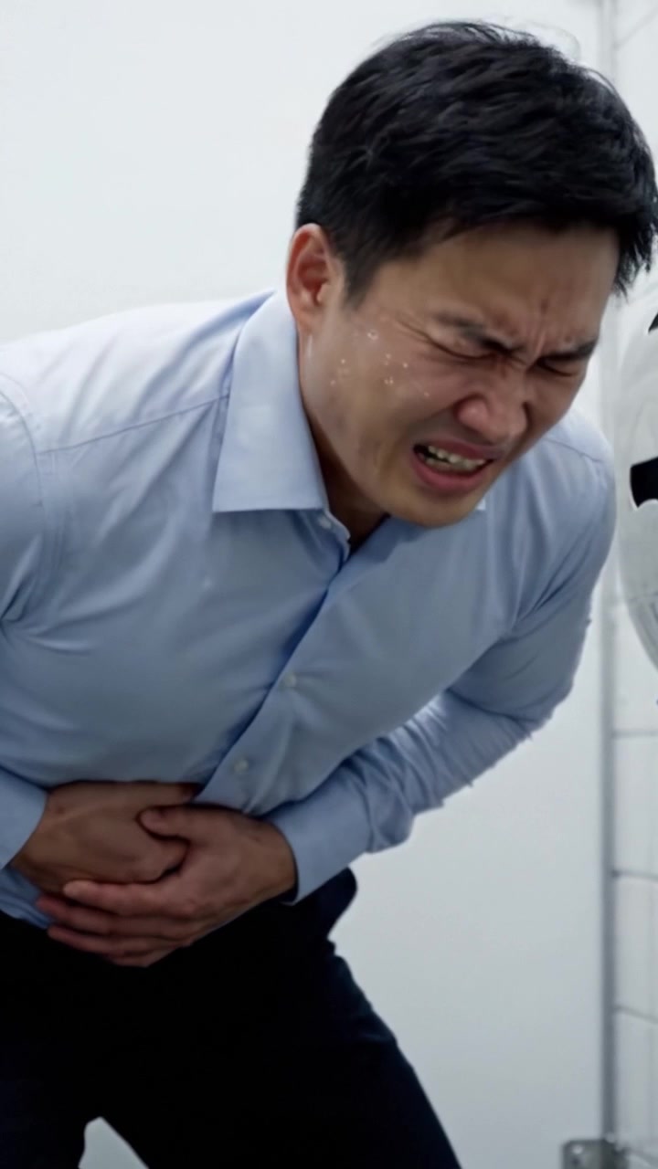 Man Experiences Severe Discomfort in Restroom, Clearly in Distress as He Clutches His Stomach, Indicating Possible Health Crisis or Acute Pain Episode