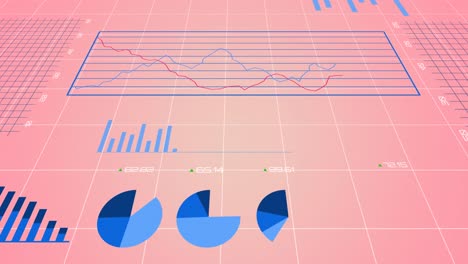 animation of statistical data processing over grid network against pink background