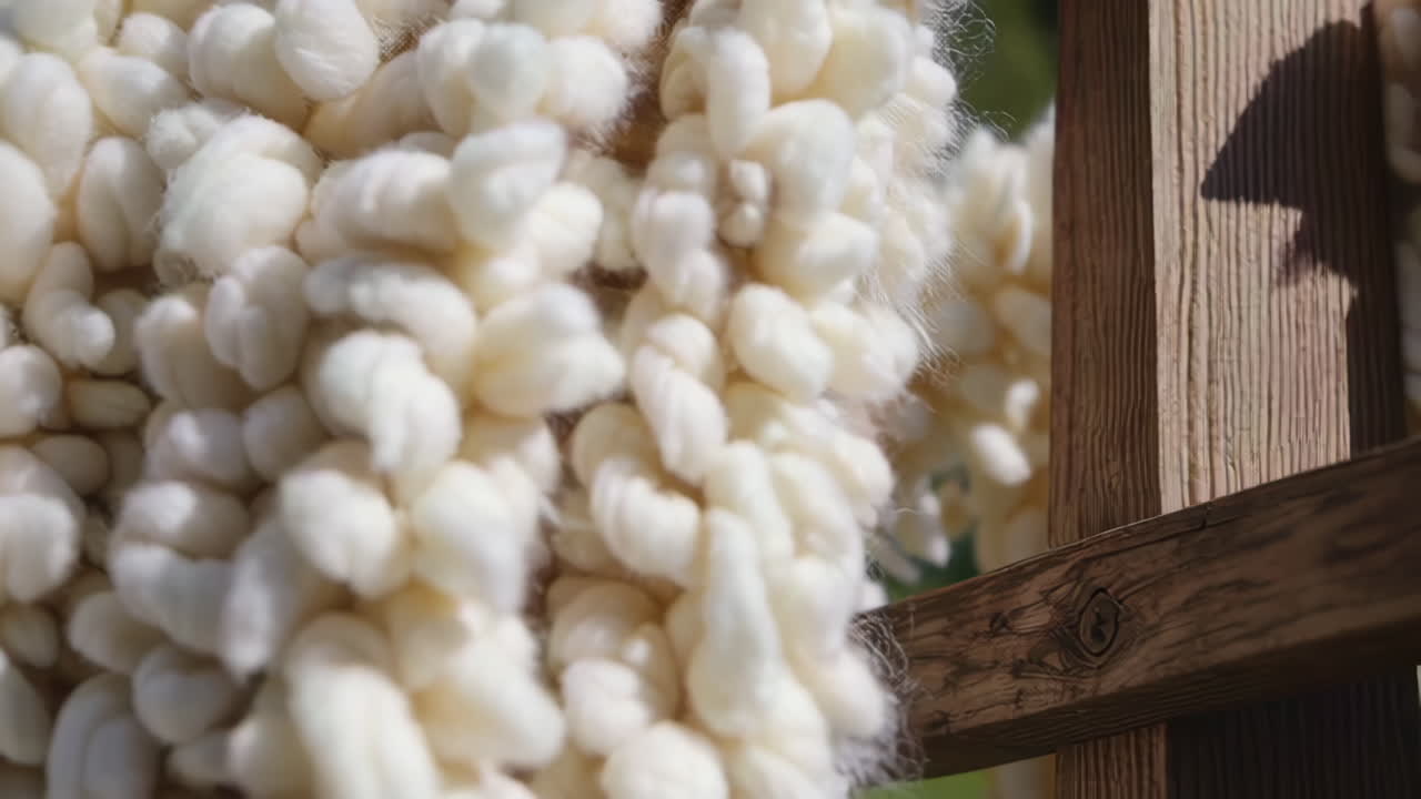 Woven White and Beige Yarn Drying on Wooden Frame