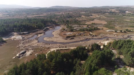 Aerial-shot-of-a-reservoir-with-low-water-levels