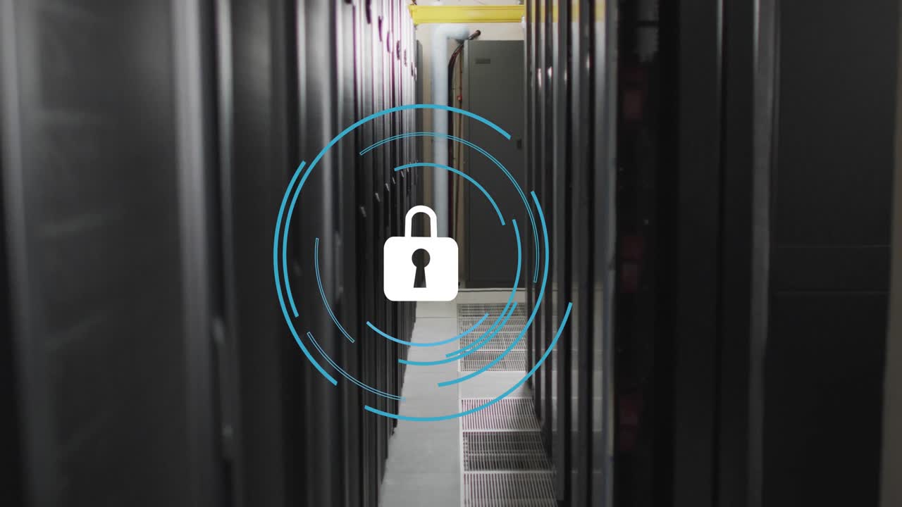 Animation of security padlock icon against computer server room