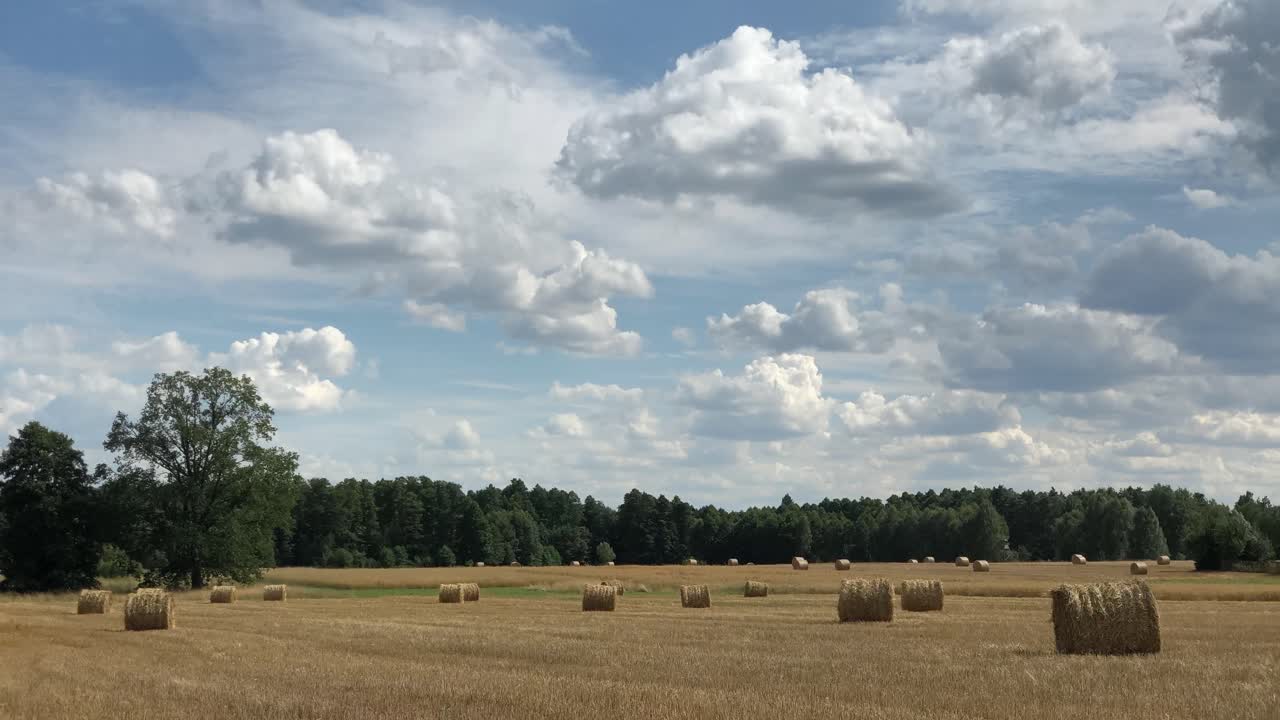lapso de tiempo de las nubes que pasan en un cielo despejado por encima de la bahía de heno en el campo de la plantación de la granja
