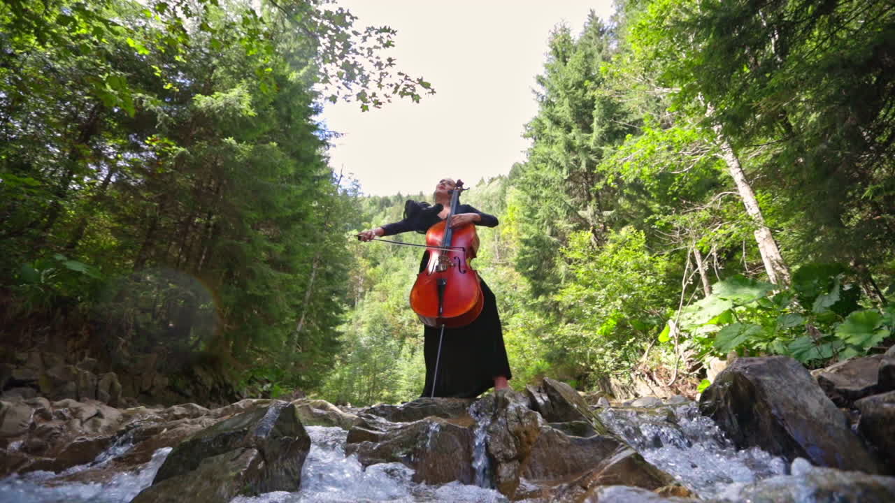 Cellist playing music on green nature background. Beautiful woman in black dress plays the cello on forest river background. View from below.