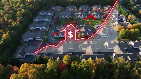 increasing housing prices in america. aerial view of modern neighborhood with red house, positive chart animation. inflation, expensive houses, affordability theme.