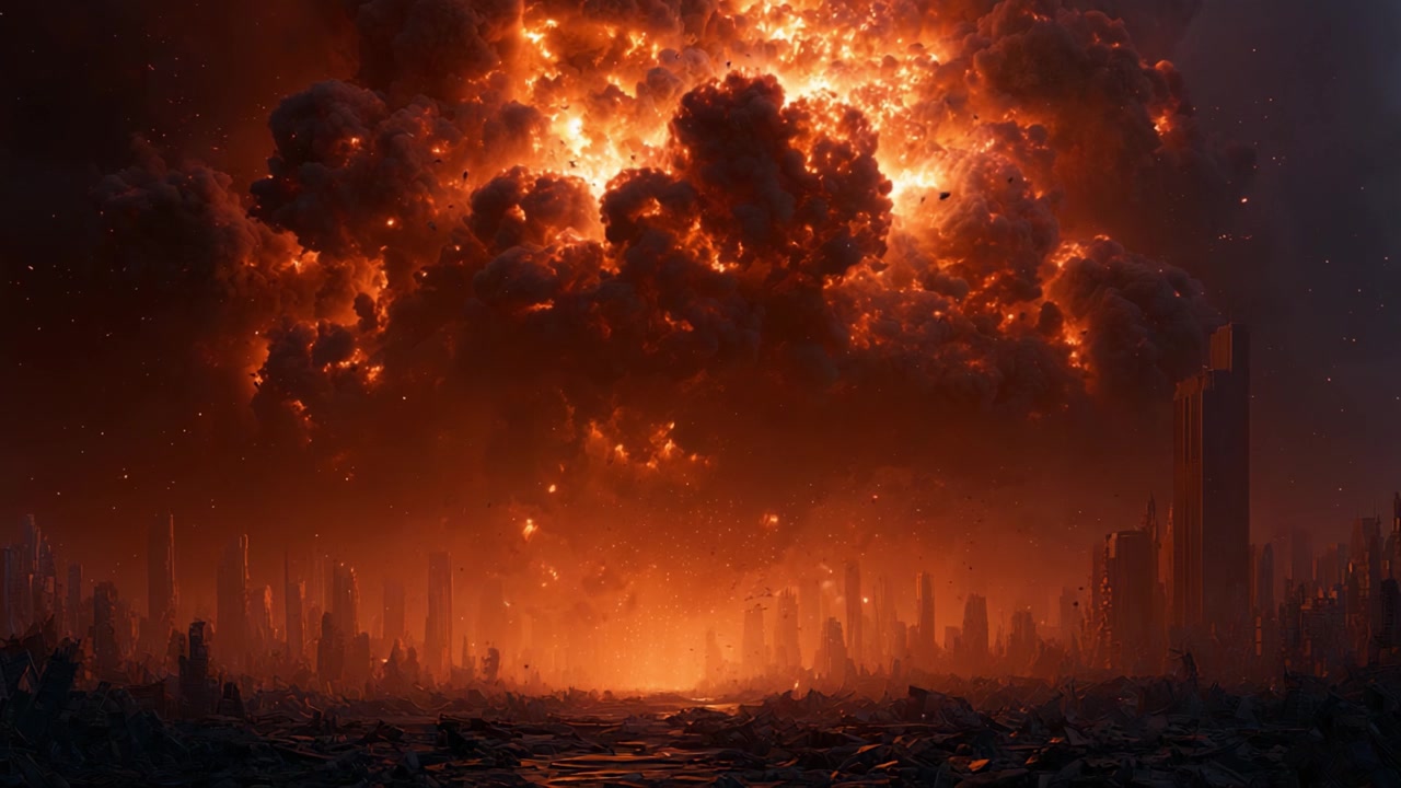 Dramatische Bilder einer feurigen Explosion über einer trostlosen Landschaft: Eine atemberaubende Darstellung von Chaos und Zerstörung in einer postapokalyptischen Szene.