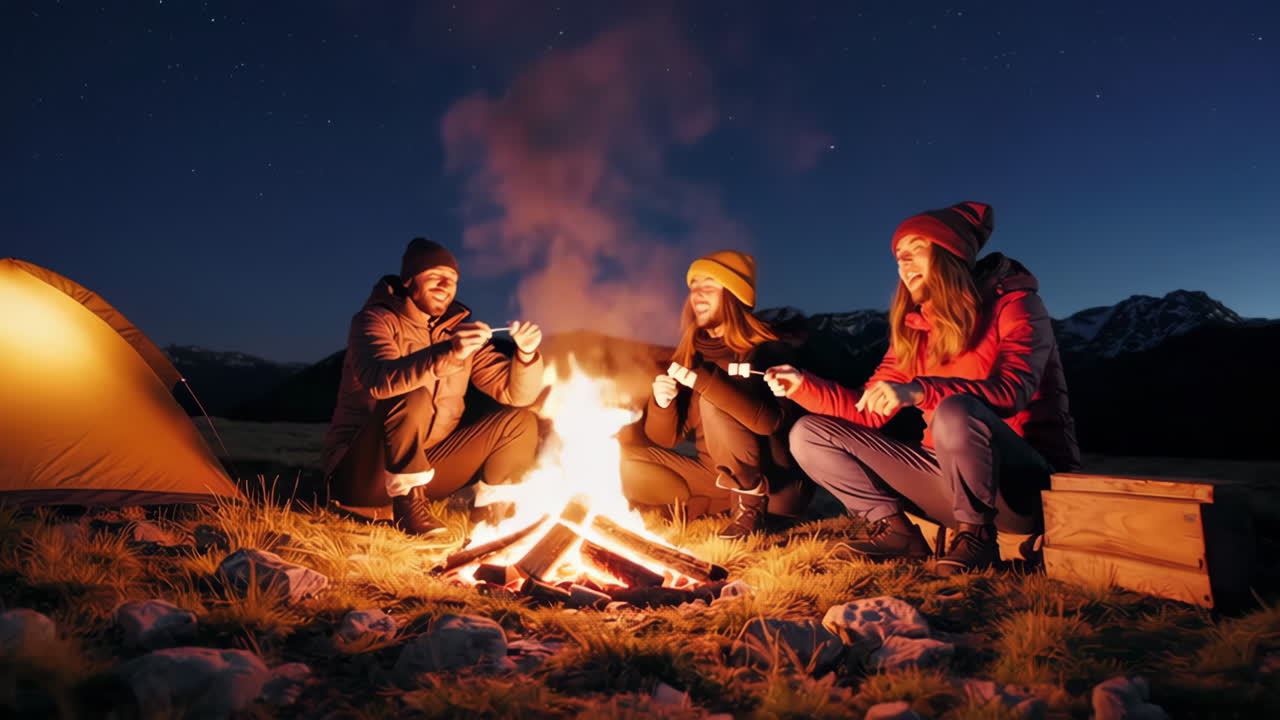 Friends roasting marshmallows around a campfire at night in mountains