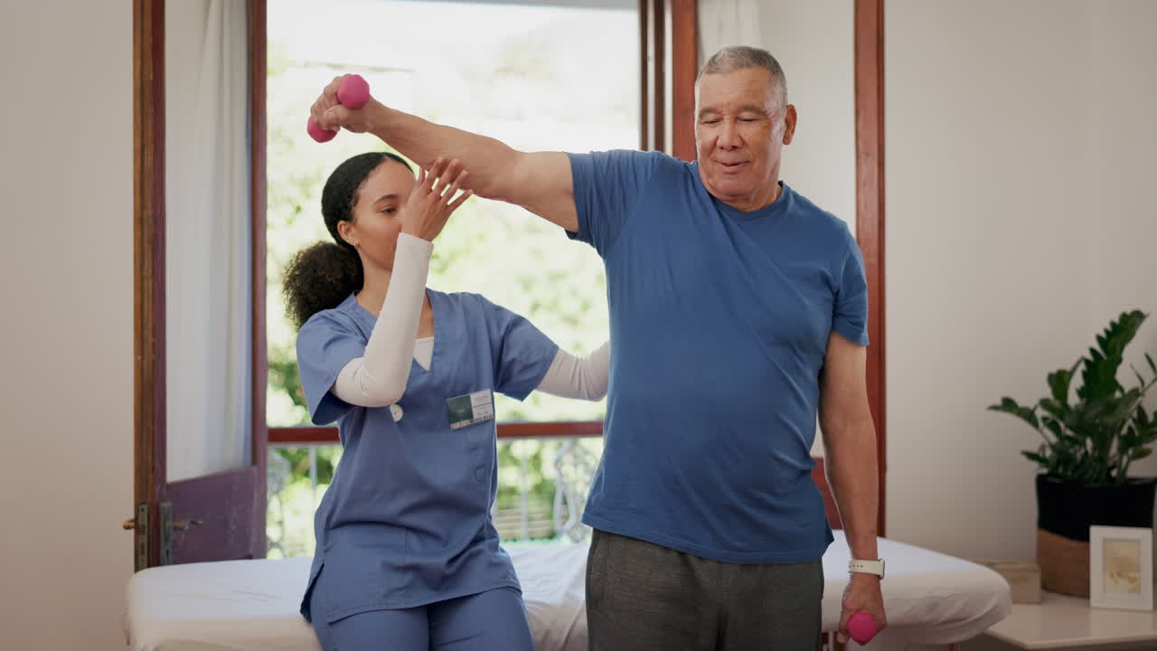 Physiotherapist, help and senior man doing