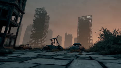 post-apocalyptic cityscape at dusk