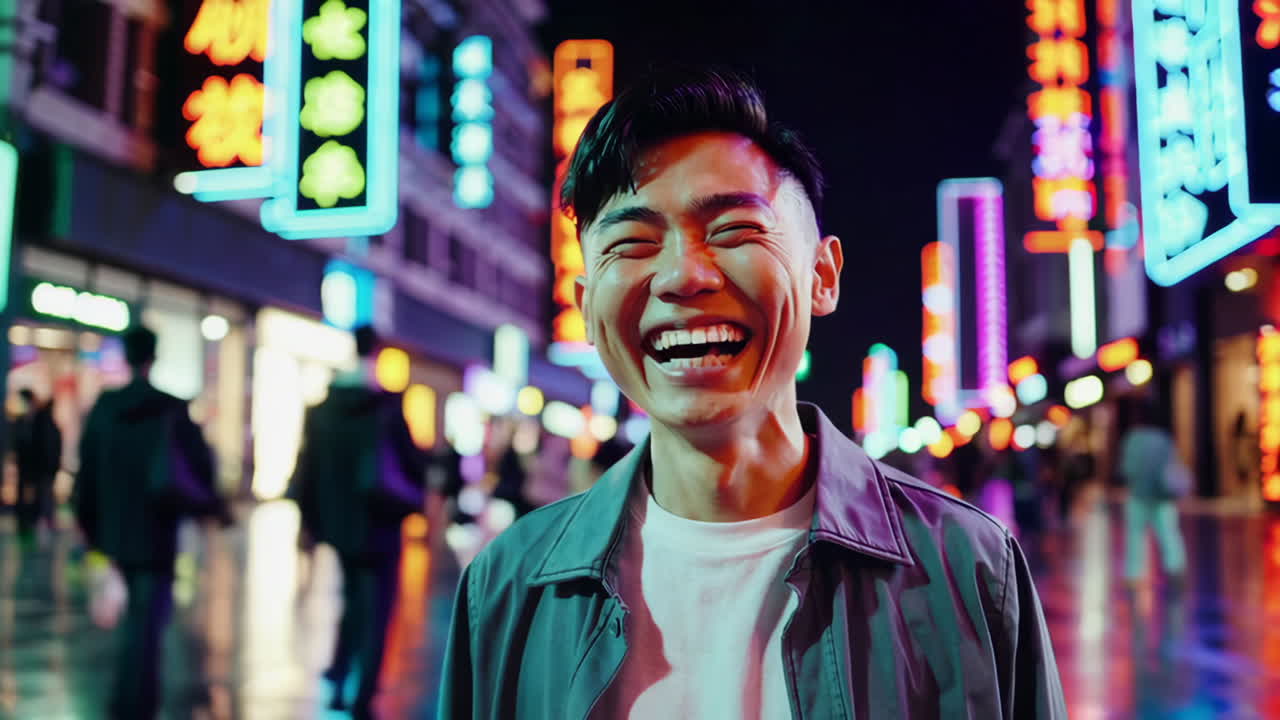 Happy Man on a Night Street in a Chinese City