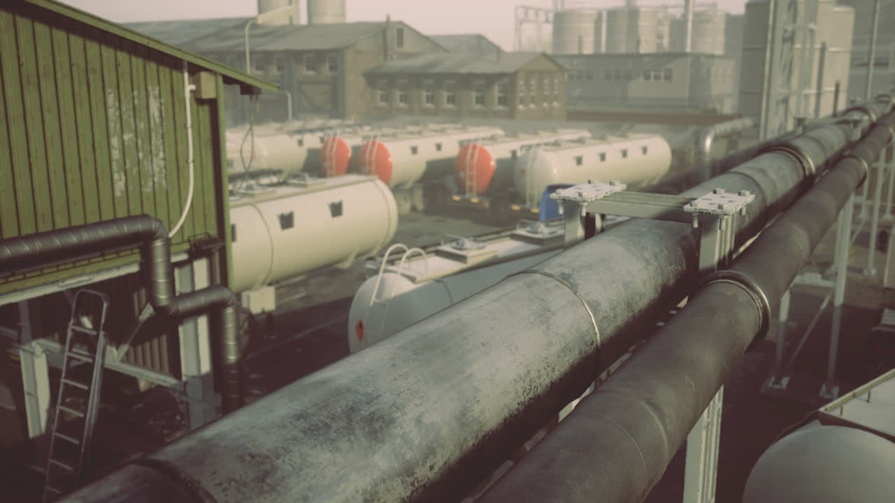 Industrial landscape with storage tanks and piping system during early morning