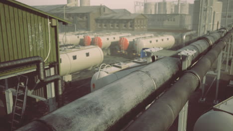 industrial landscape with storage tanks and piping system during early morning