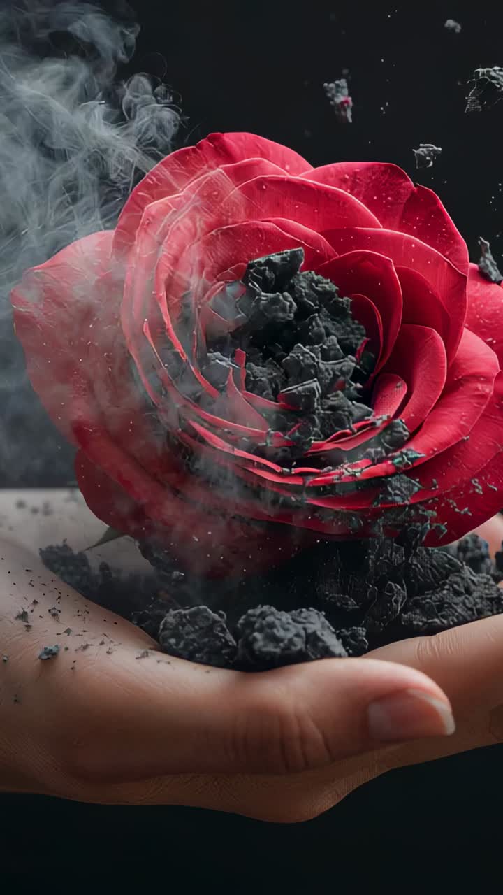 Video verticale: mani che reggono una rosa rossa raccogliendo la cenere che si stacca dal nucleo mentre il fumo di scena si sposta a sinistra