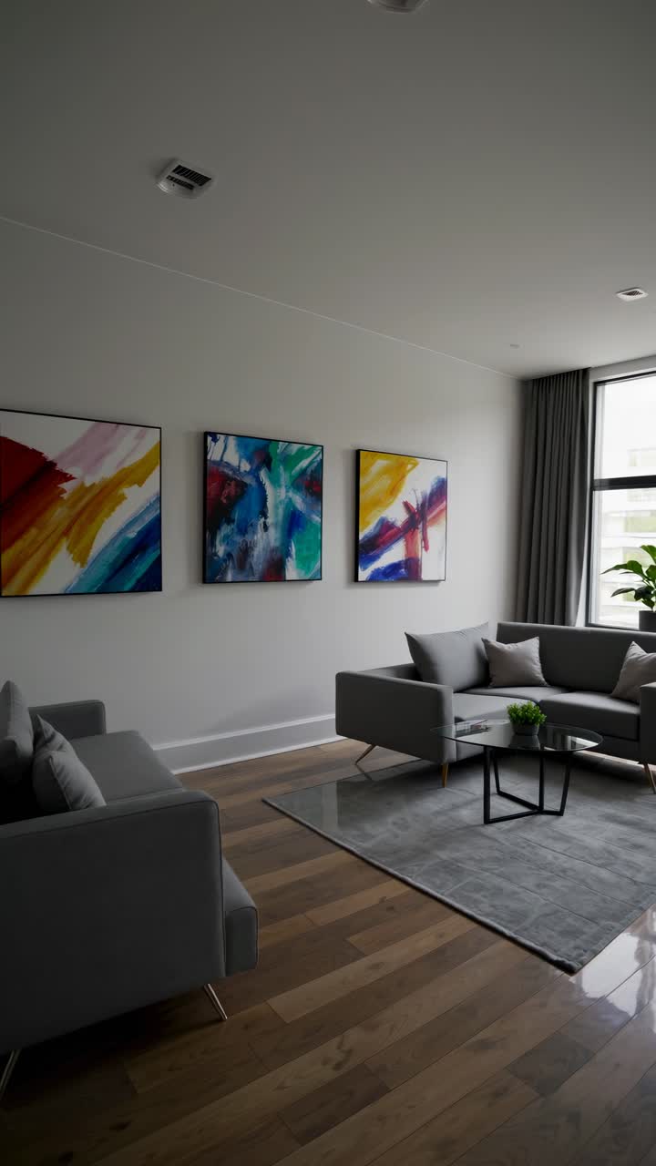 Modern living room with abstract art, shot from a low angle