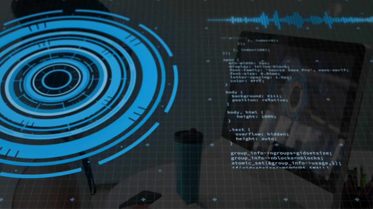 Woman typing at desk beside HUD, hands causing reflected coding scrolling to EXPORT_SYMBOL, editing