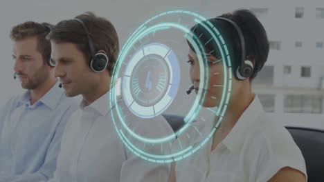 Animation-of-clock-over-business-people-wearing-phone-headsets