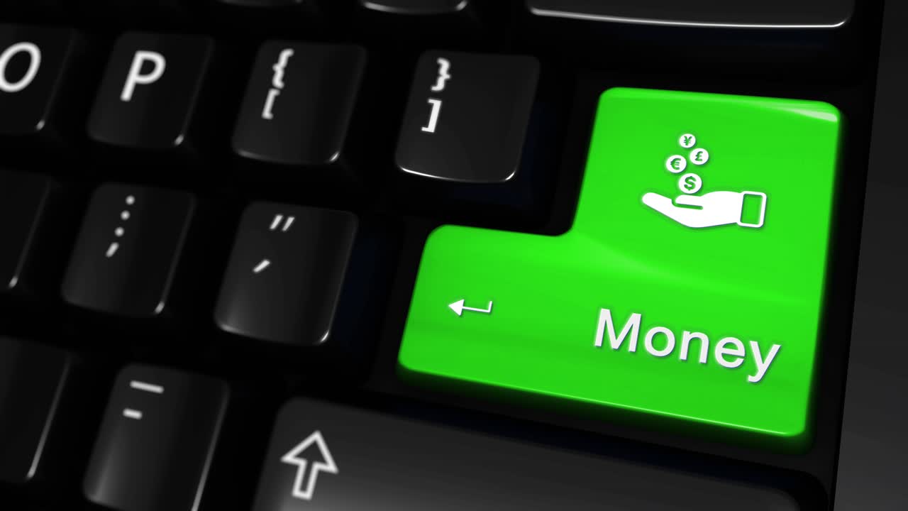 04 money moving motion on green enter button on modern computer keyboard with text and icon labeled