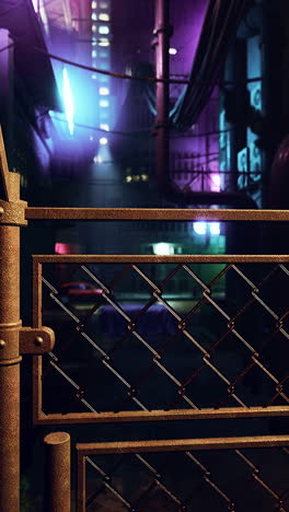 una puerta oxidada en un paisaje urbano cyberpunk por la noche