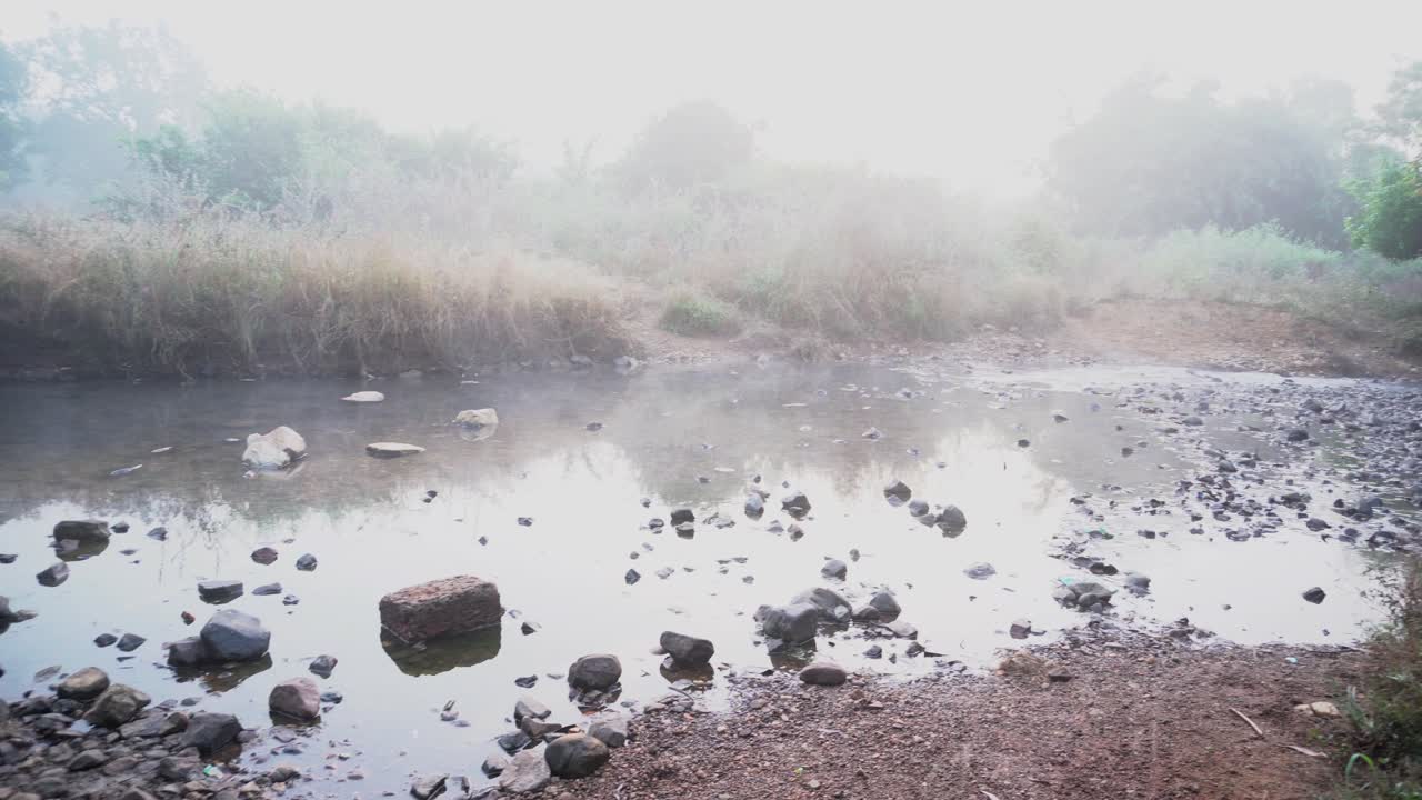 irrigation canal passing through a forested countryside lines with fog trees in the village