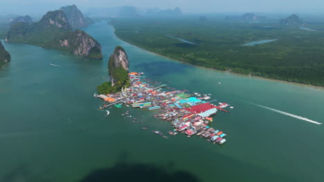 panoramic view of koh panyee fishing village in phang nga province, thailand. aerial drone shot